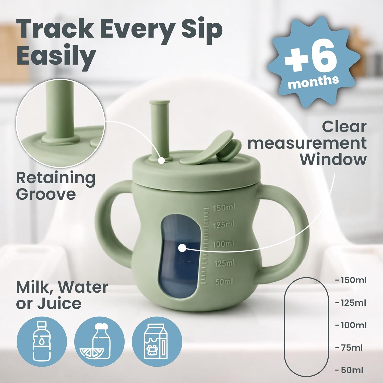 Silicone Sippy Training Cups with Straw 2-Pack, 6 oz Leak Proof Toddler Cups for Babies 6–36 Months, Bottle Weaning Cup Set, BPA Free Silicone with Handles, Green and Blue