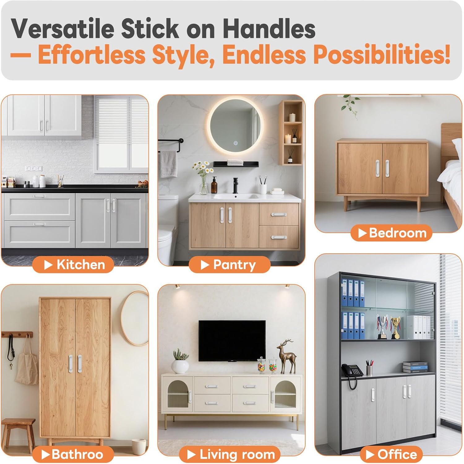 8 Pack 5.7 Inch Adhesive Cabinet Handles - No Drill Stick on Door Push Pulls for Closet, Drawer, Fridge - Peel & Stick Sliding Door Handles with Strong Adhesive & Secure Grip (8, White)