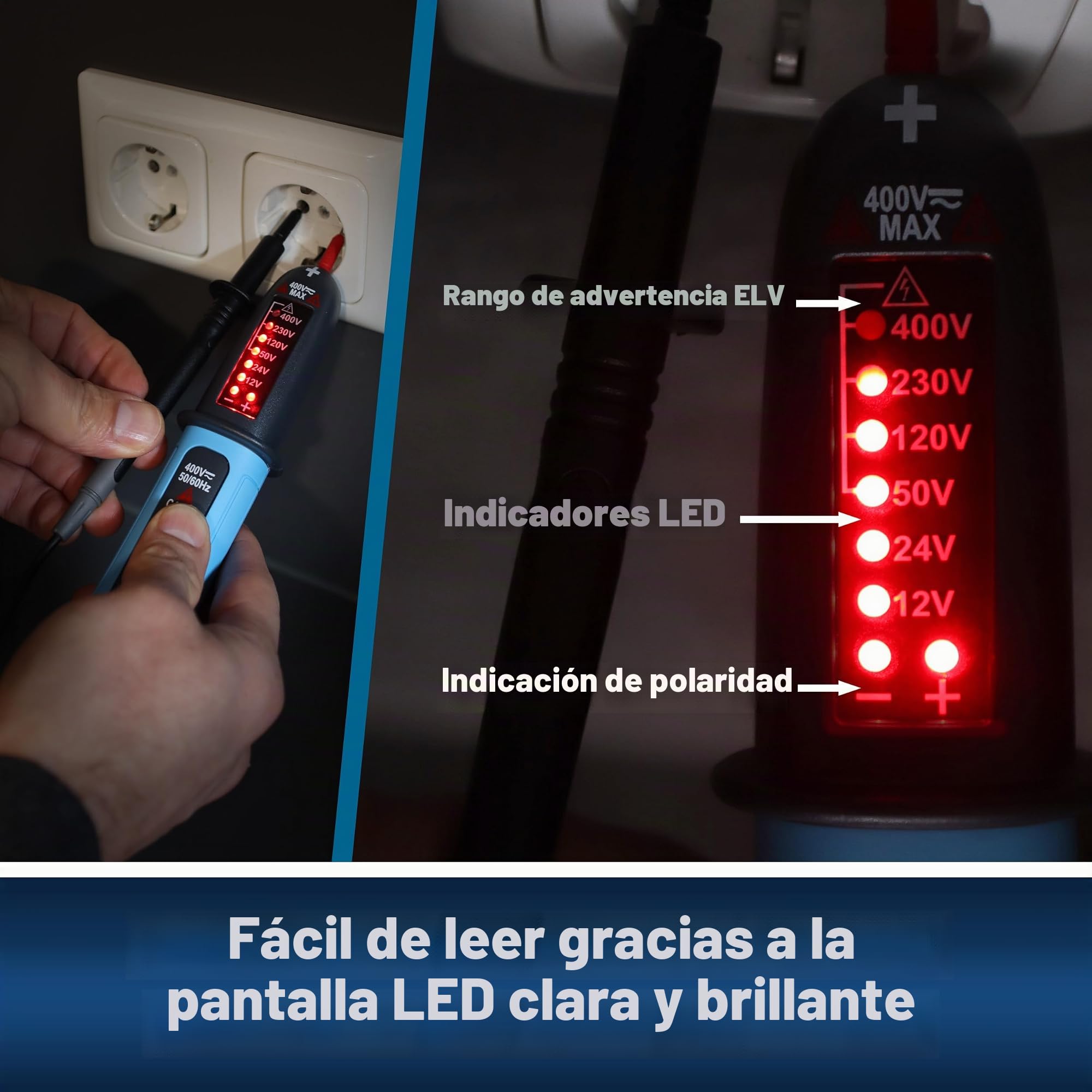 PeakTech, P1094, Comprobador de tensión digital bipolar CA/CC de 12 V a 400 V, Comprobador de corriente de calidad con pantalla LED y señal acústica de advertencia, Voltímetro con clase de protección