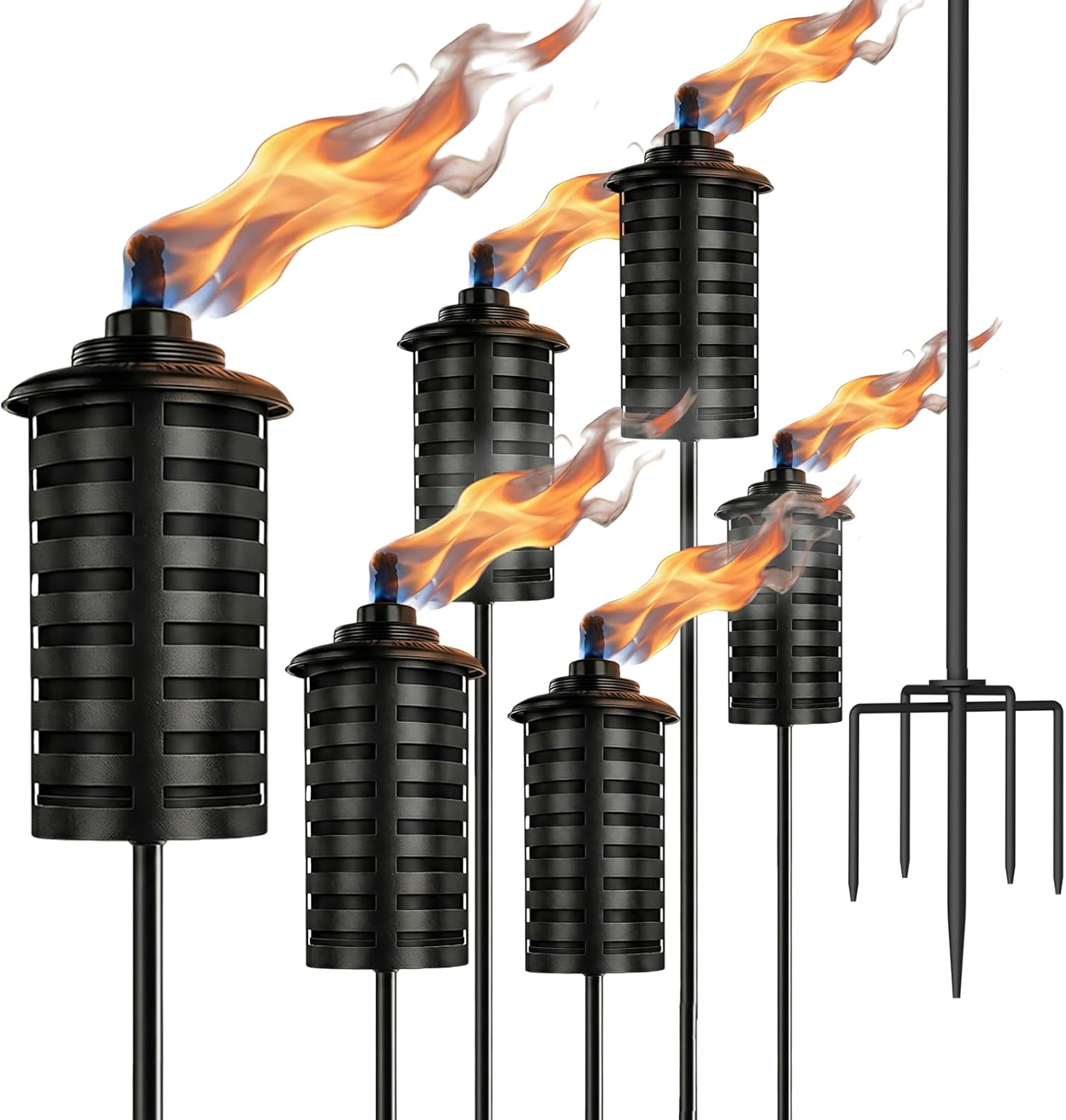 6-Pack Home Garden Torch , 16 Oz Outdoor Black Metal Torch Garden Décor ,60-Inch Upgraded Citronella Torches with 5-Prong Grounded Stake , Metal Light Torches for Party Patio Pathway