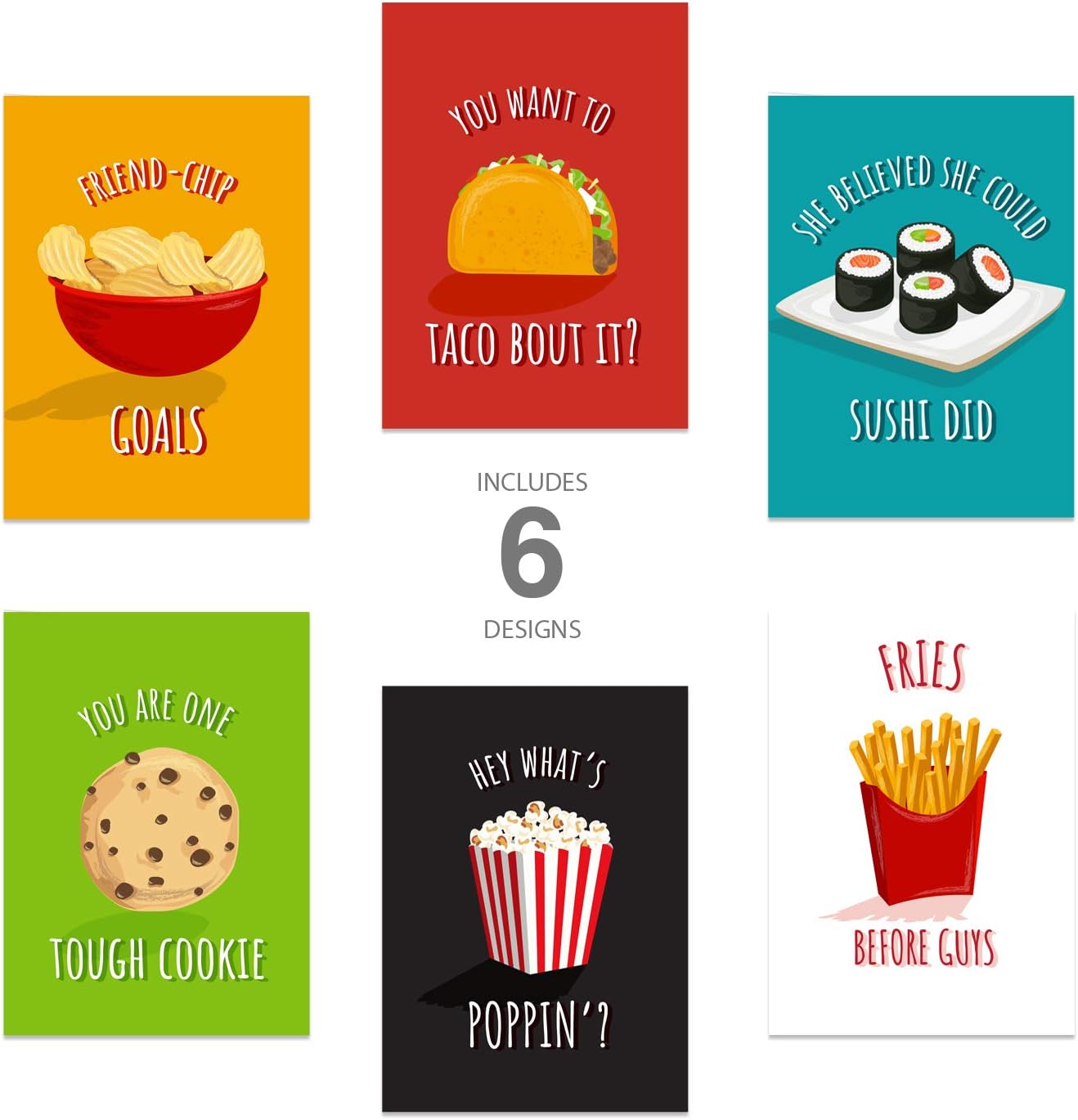 Canopy Street Bestie Food Note Cards / 4 5/8" x 6 1/4" Friendship Food Pun Cards / 12 Illustrated Thinking Of You Greeting Cards/Made In The USA