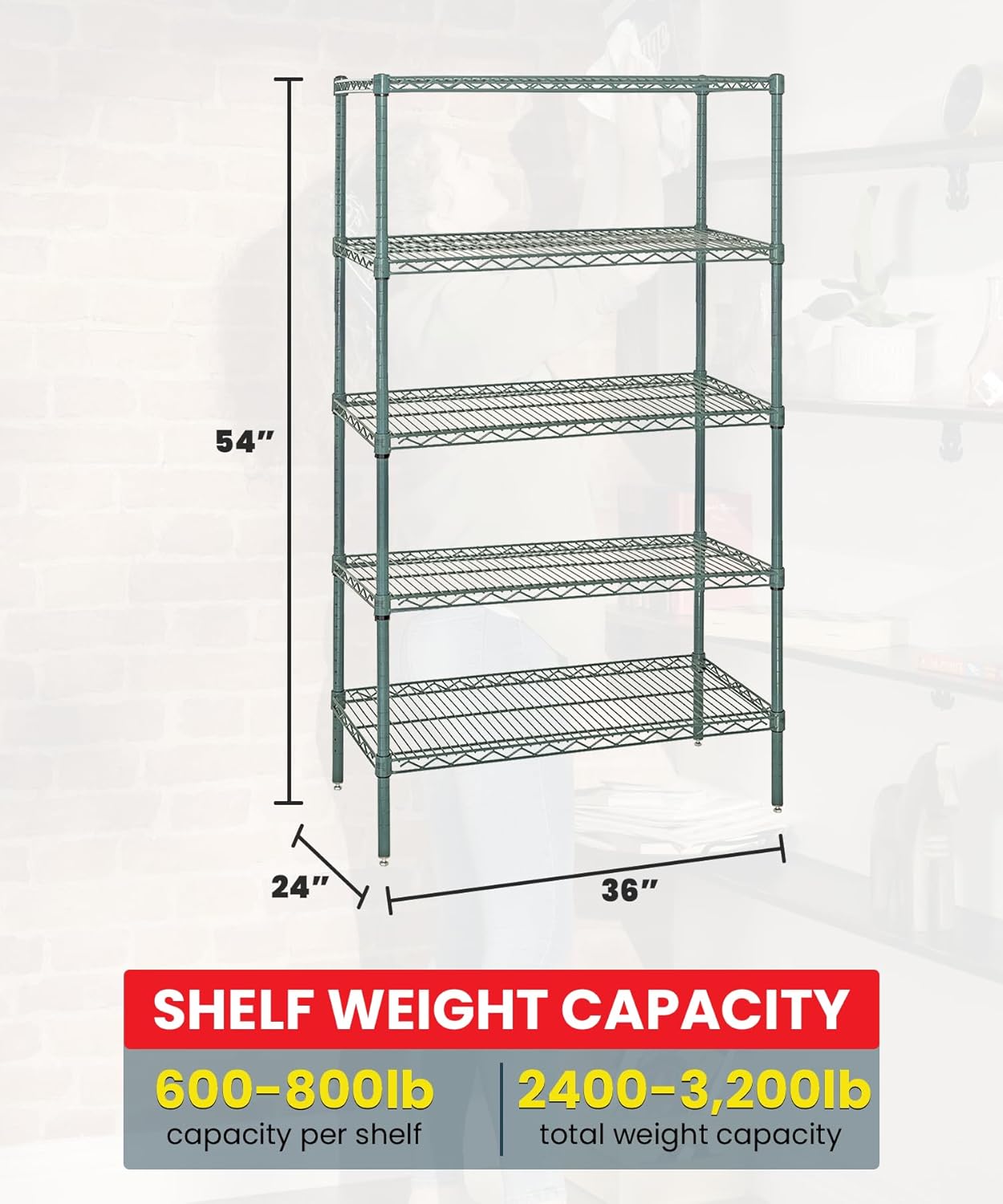 Quantum Storage Systems WR54-2436P-5 Starter Kit Wire Shelves Green Epoxy 5 Shelves 54" H x 36" W x 24" D