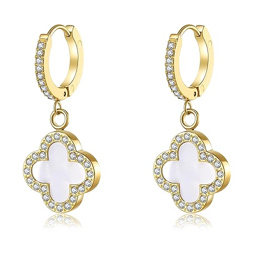 AIPPK Clover Earrings for Women 18K Gold Plated Four Leaf Clover Hoop Earrings Simple Lucky Drop Jewelry Gifts for Women - White