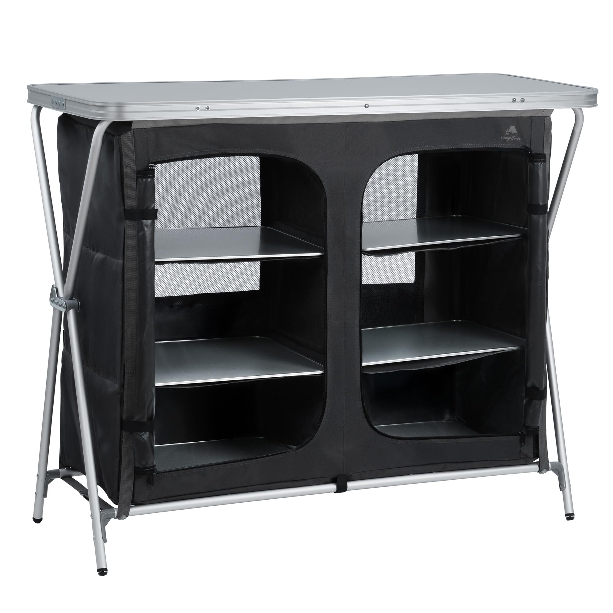 CampFeuer Campingschrank faltbar | 110 cm x 47 cm x 90 cm | Campingküche mit 2 Reißverschluss Öffnungen | Camping Regal mit Aluminiumgestell, Campingschrank klappbar, Camping Küche, Camping Möbel