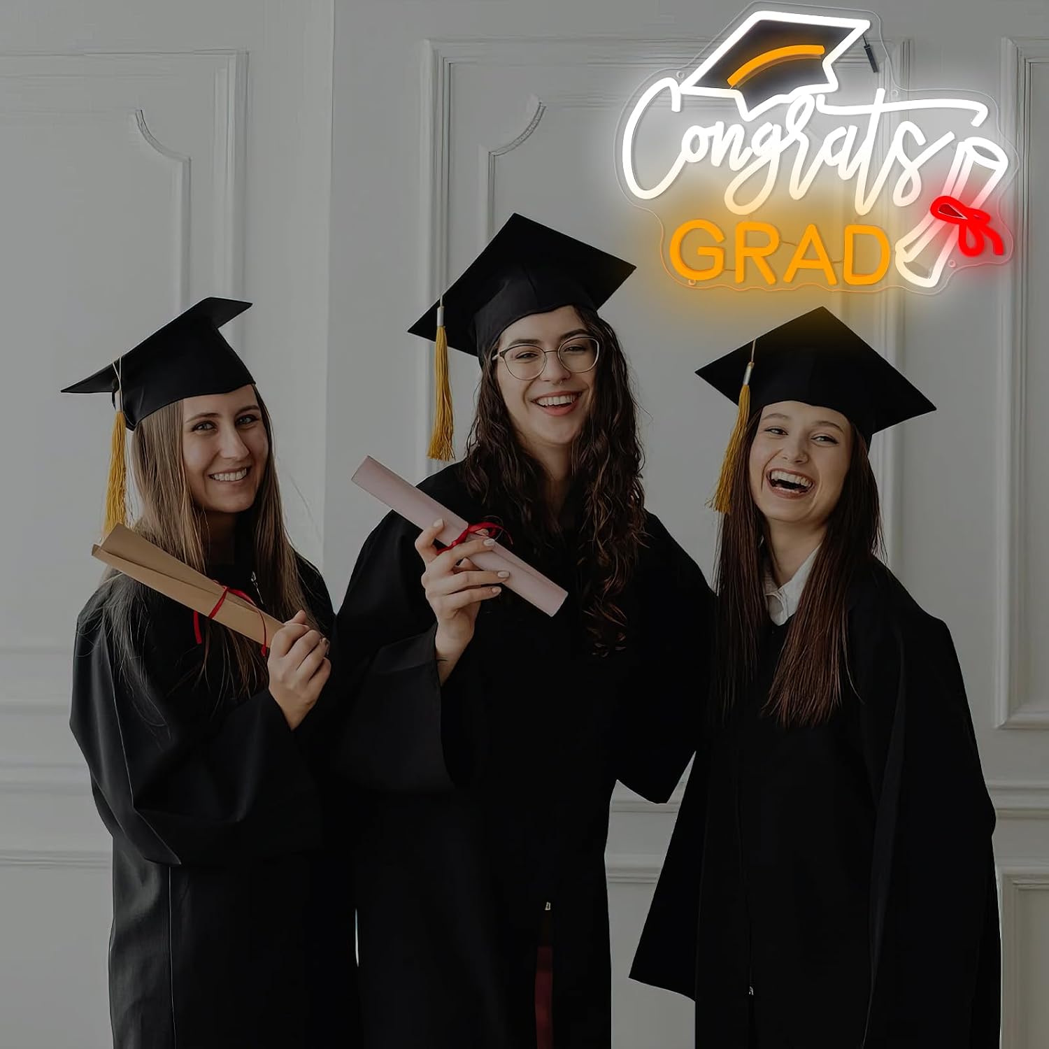 Congrats Grad Neon Sign with Cap 15" x 10.7" Dimmable Grad Neon Light for Wall Decor Congrats Neon Light Up Sign for Graduation Ceremony Prom Party Class Room Dorm Backdrop Celebration Presents