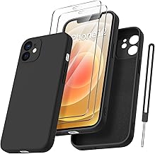 Qasyfanc Mobile Phone Case for iPhone 12 Case with 2 Pieces Tempered Glass Screen Protector, Silicone Case Ultra Thin Microfibre Camera Protection All-Round Protection Anti-Scratch Mobile Phone Case for iPhone 12 6.1 inches (Black)