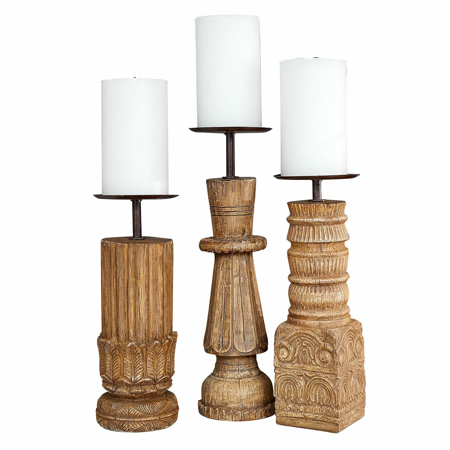 Loberon Kerzenständer 3er Set Zahirah - braun, braun | DREI Designs, Realistische Holz-Optik, Detailreiche Schnitzereien, Kerzenhalter, Dekoration, Polyresin, Eisen