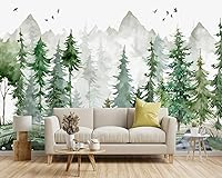 Vista 2 de Papel tapiz de tela verde con dibujos animados de pinos y bosques para niños y niñas, dormitorio infantil, sala de estar, plantas de bosque, mural