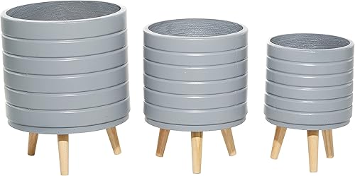 Miniatura 7 de CosmoLiving by Cosmopolitan - Maceta redonda de óxido de magnesio con patas de madera, juego de 3 macetas de 18 pulgadas, 16 pulgadas, 14 pulgadas