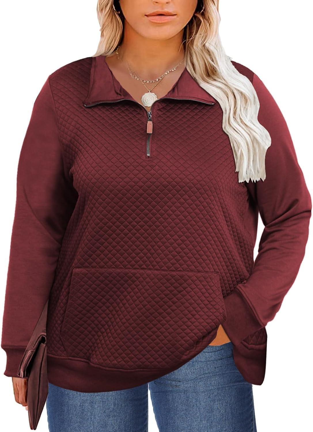 ForHailey Women's Plus Size Quilted Pattern Lightweight 1/4 Zip Long Sleeve Casual Sweatshirts Pullovers Shirts Tops