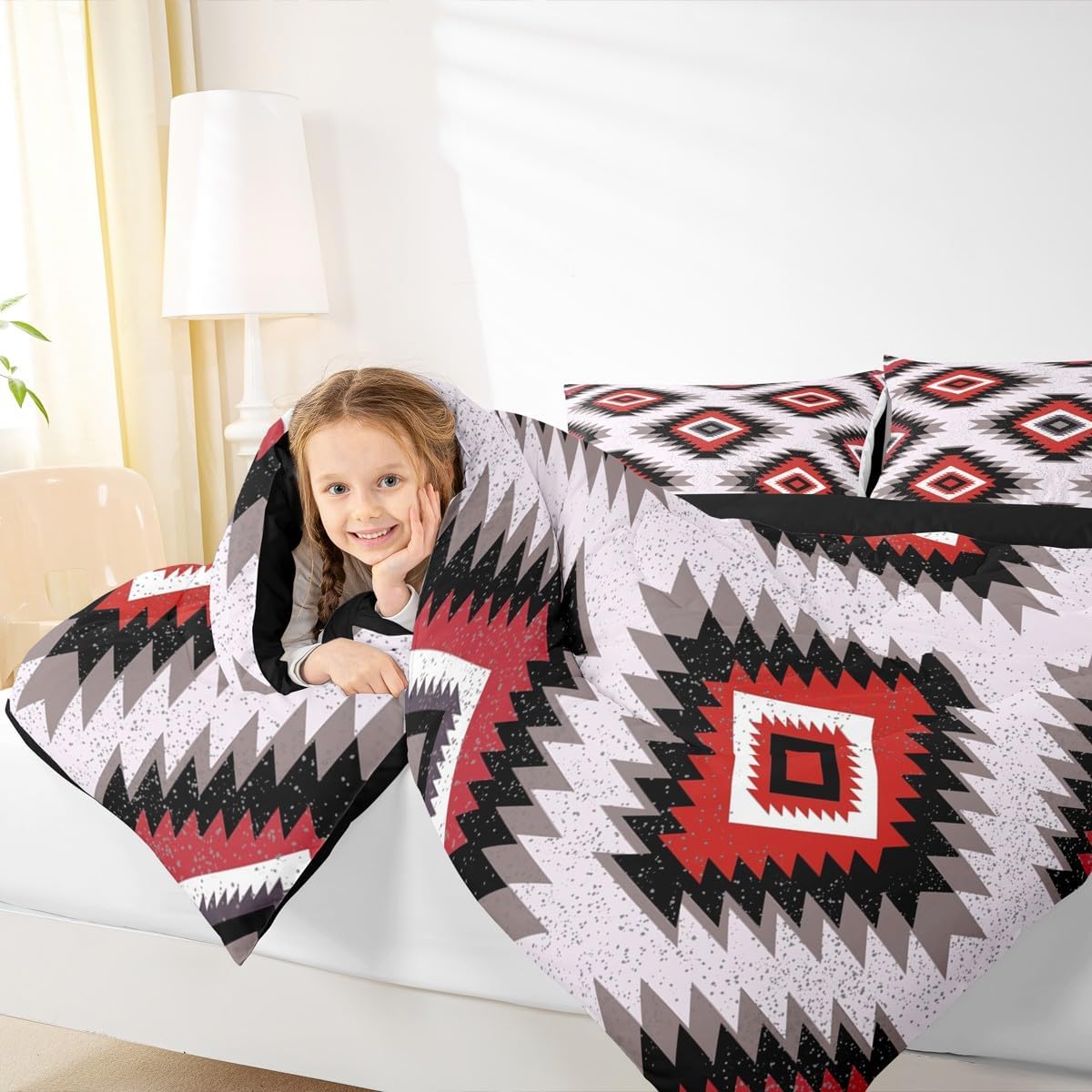Feelyou Kids Southwest Native American Design Comforter Set Queen Size Red Grey Geometric Bedding Set for Boys Girls Teens Decor Tribal Comforter Set Women Men Duvet Set with 2 Pillow Case Boys