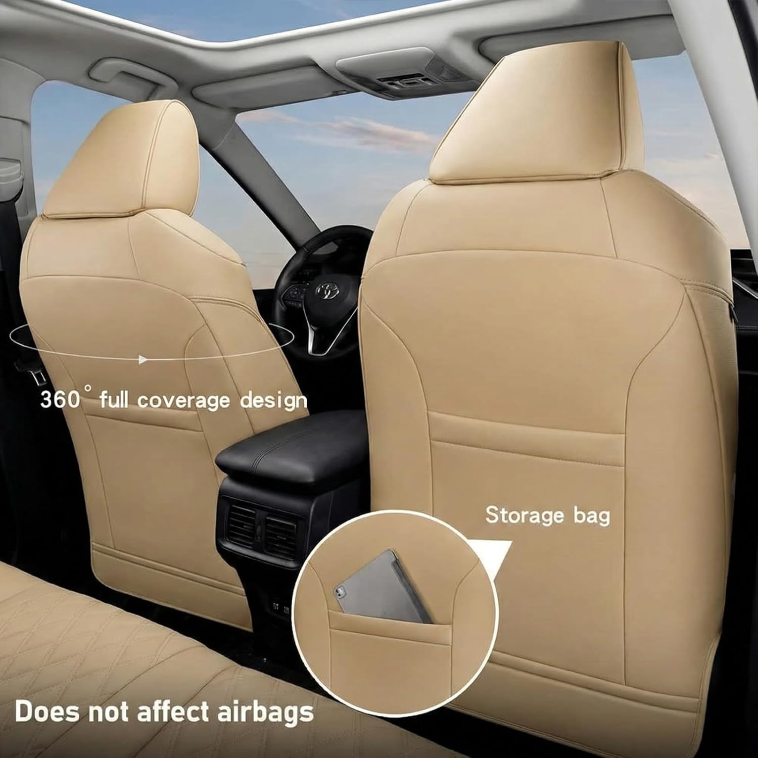 GIANT PANDA Pu Leather Car Seat Covers Full Set Custom Fit for Toyota RAV4 Hybrid LE/Hybrid Limited/Hybrid XLE/Hybrid XLE Premium 2019 2020 2021 2022 2023 2024 2025(Beige)