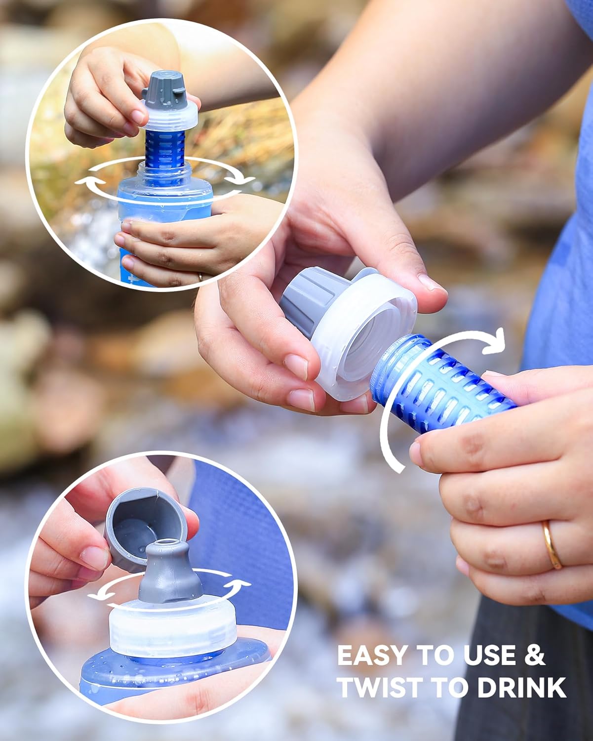 Outdoor Water Filter Bottle, BPA-Free Ultralight & Durable 1.0 L Collapsible Water Bottle with Two Filter Cap Cartridge, Filtered Water Bottle for Camping, Hiking, Backpacking