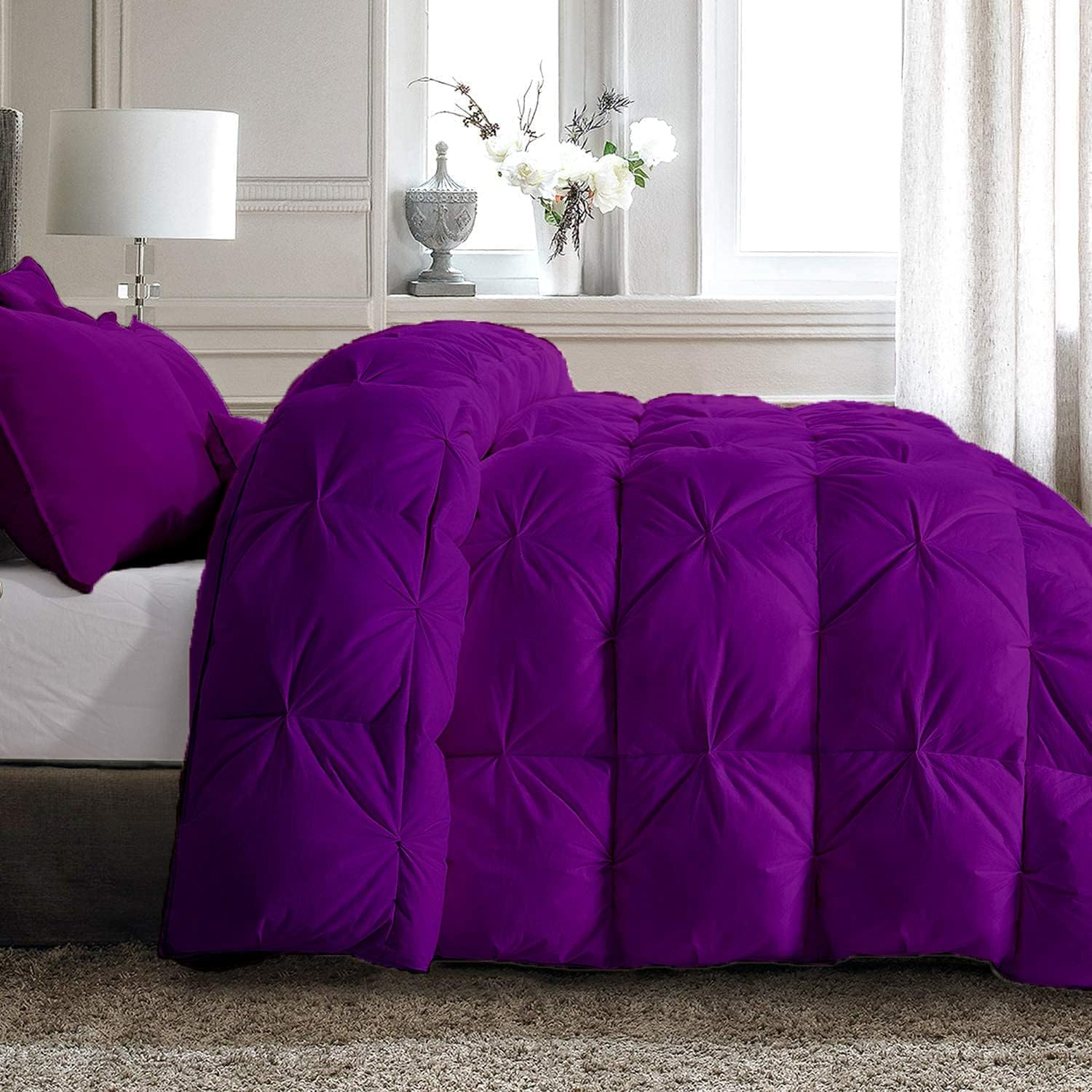 All-Season – Luxury Pinch Pleated Pintuck Olympic Queen 98x98 Size 3 Piece Quilted Comforter Set, 400 GSM Microfiber Fill Box Stitched with 4 Corner tabs - Machine Washable, Purple Solid