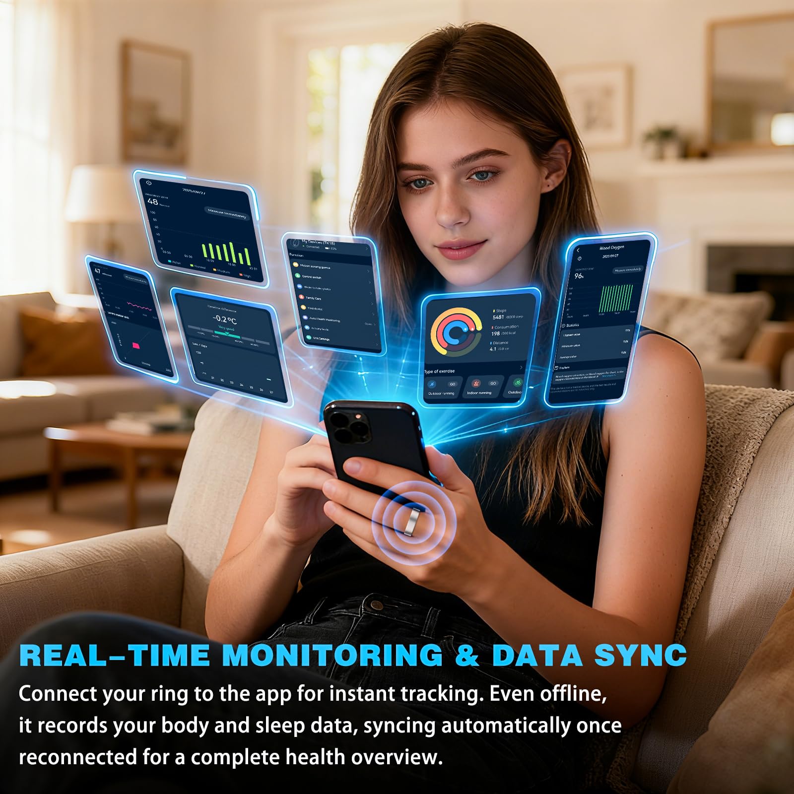 Anello intelligente per donne e uomini, anello fitness tracker per monitoraggio del sonno, con custodia di ricarica, SpO2, frequenza cardiaca, senza costi di abbonamento per iOS Android