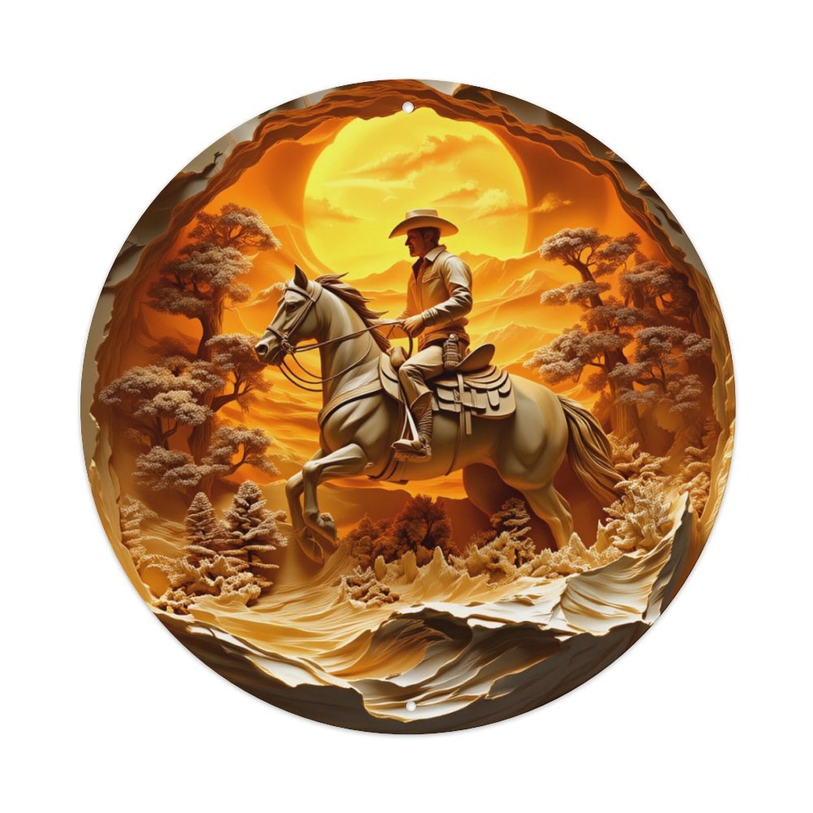 Cowboy Riding Horse Sunset Landscape Round Tin Sign Retro Metal Sign for Cafe Bar Pub Home Game Room Gym Club Wall Decoration Vintage Metal Poster 8x8 Inch