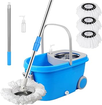 Spin Mop and Bucket,Spin Mop and Bucket with Wringer Set, 3 Microfiber Mop Replacement Heads, 360 Spin Mop and Bucket, Floor Cleaning of Hardwood, Spin Mop and Bucket System,Blue