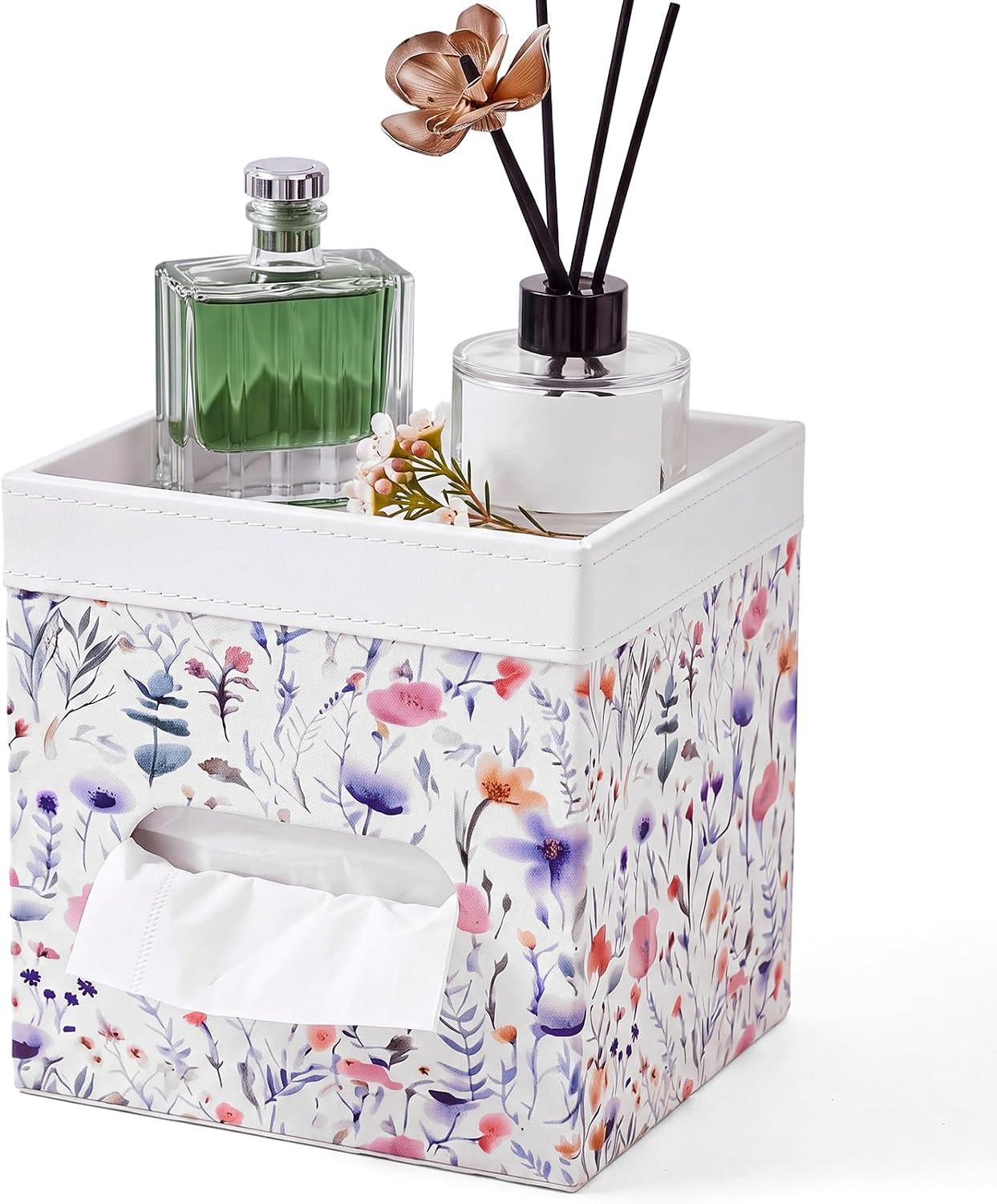 Tissue Box Cover Square with Storage Tray PU Tissue Box Holder,Pink Bow