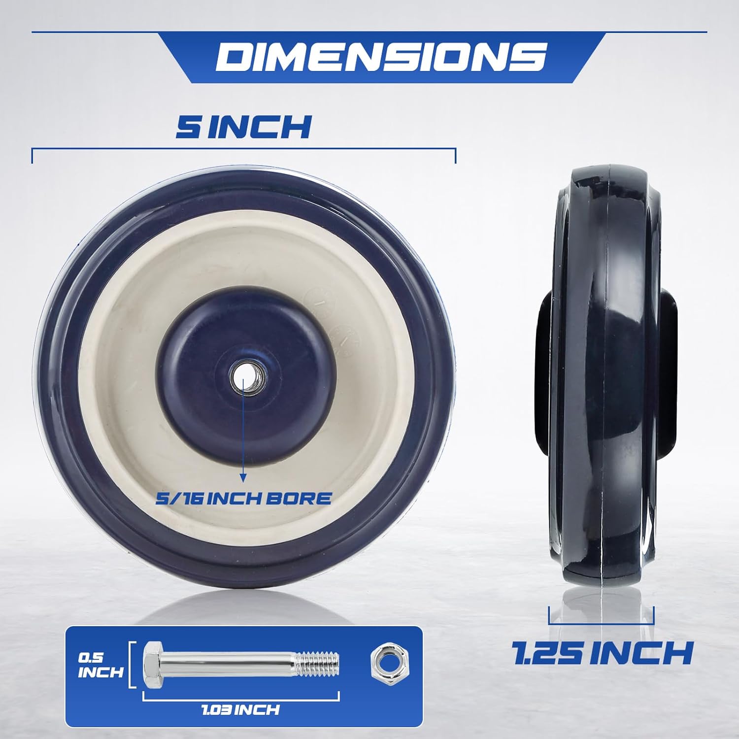 NATGAI 8 Pack Shopping Cart Replacement Wheels Kit, 5" Diameter 1.2" Width 5/16“ Bore Noiseless Shopping Cart Casters with Axles Bolts 8 Sets, Total 1000 Lbs(Blue)