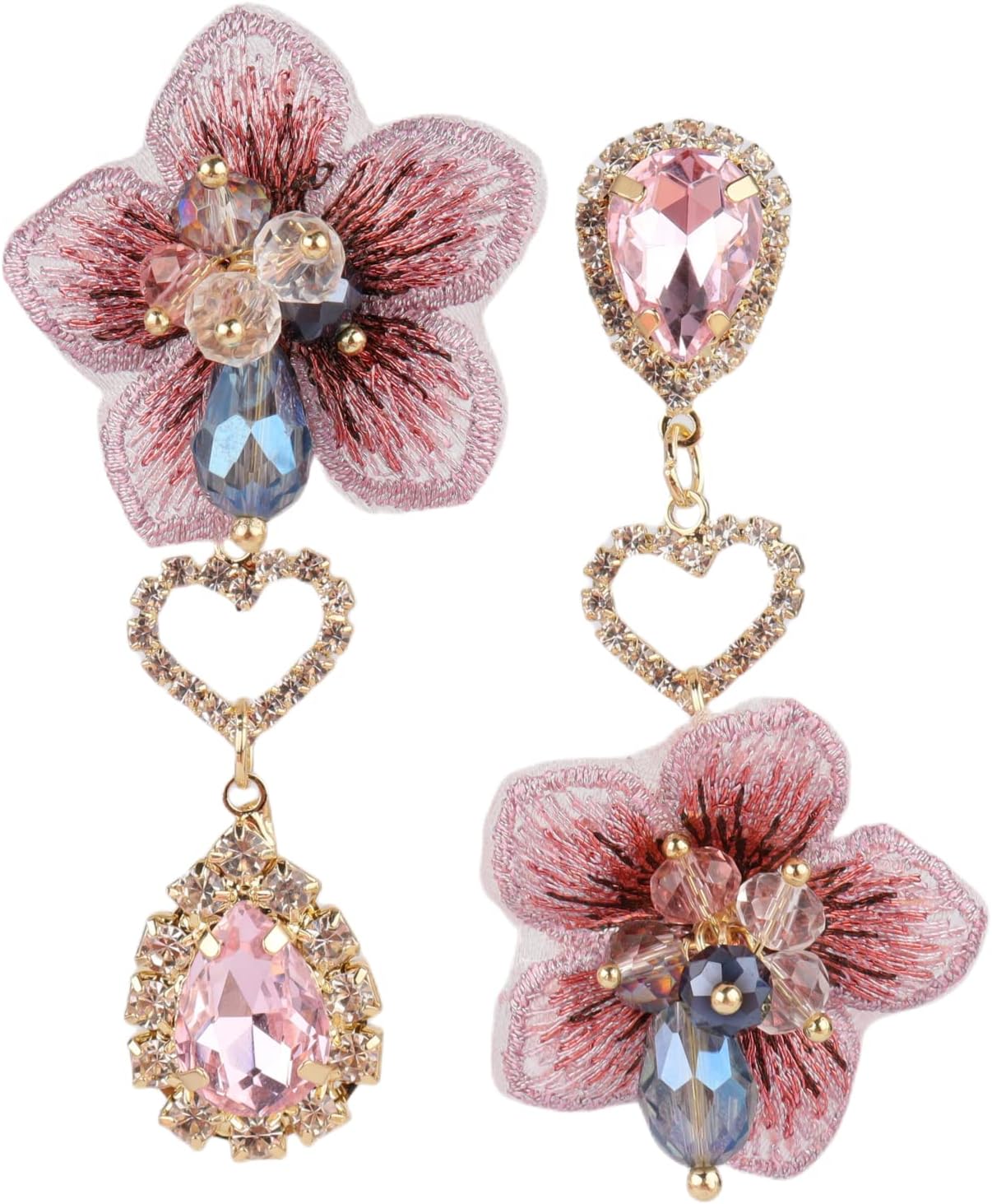 MLEPUS Asymmetric Flower Dangle Earring for Women Rhinestone Fashion Unique Bohemian Long Pendant Pink Earrings Party Daily Jewelry