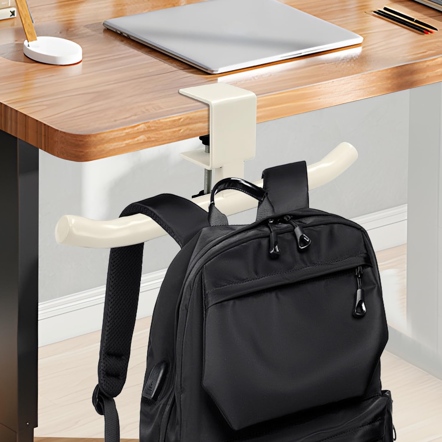 Desktop Backpack Hook - Durable and portable under-desk hook, space-saving backpack storage rack, suitable for offices/classrooms/dormitories, no drilling required for installation (white) - 1 piece