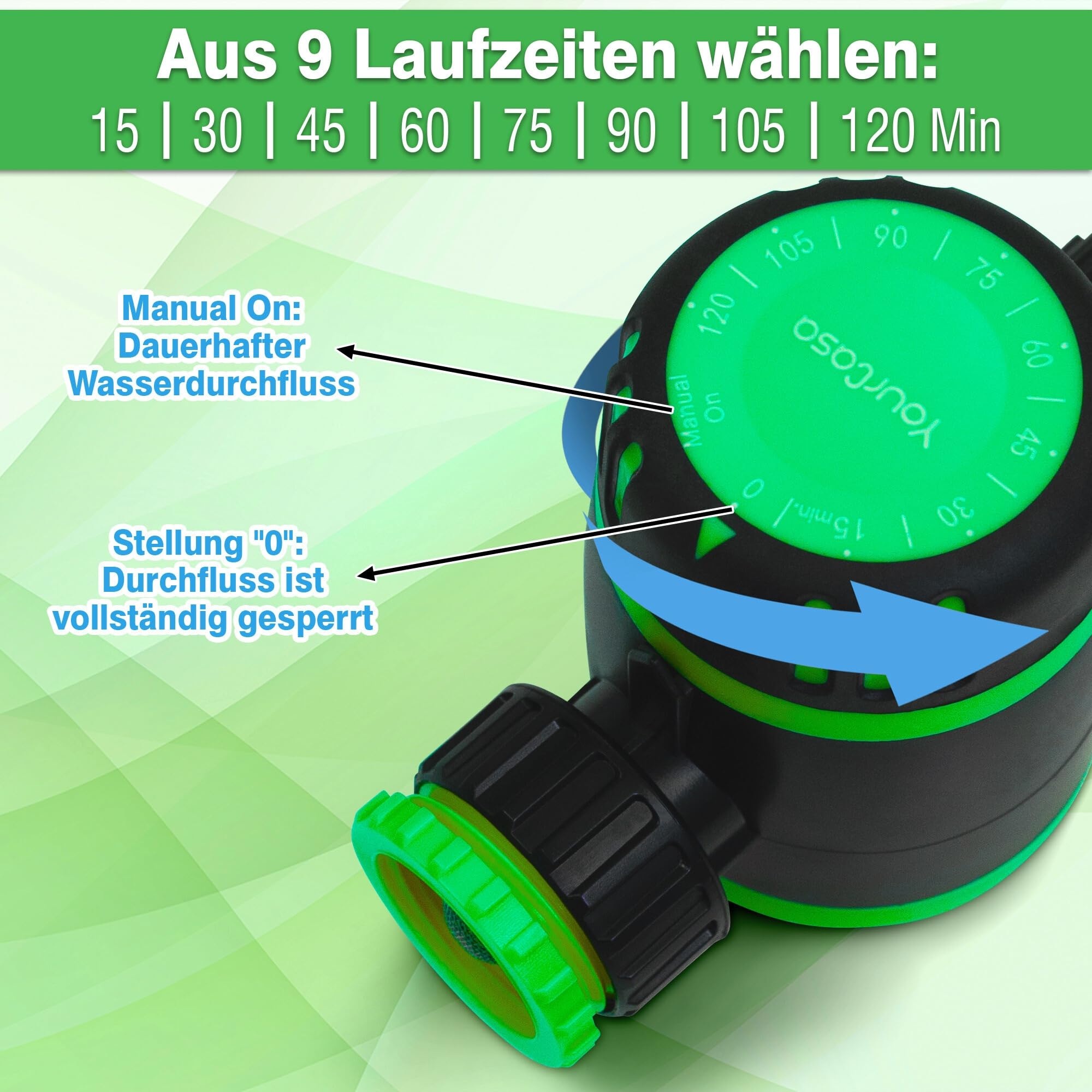 YourCasa Bewässerungsuhr MECHANISCH mit Filter [120 Min] - Zeitschaltuhr mit Schlauchkupplung zur Bewässerung - Wasserhahn Garten Wasser Zeitschaltuhr Bewässerungsautomat Wasserzeitschaltuhr (Grün)