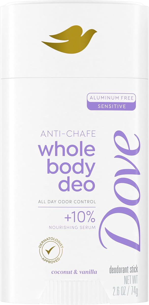 Whole Body Deo Aluminum Free Anti-Chafe Deodorant Stick Coconut & Vanilla for 72h Odor Control 2.6 Oz