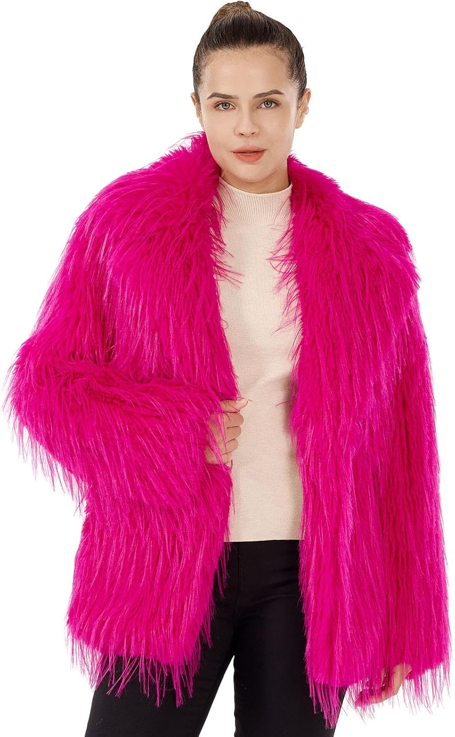 Women's Fluffy Faux Fur Coat Warm Lapel Shaggy Cardigan Outwear Open Front Fall Winter Jacket with Belt & Pockets