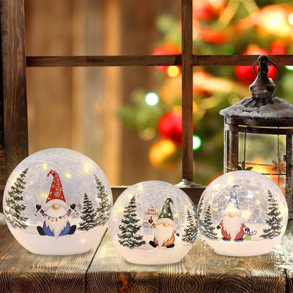 YEAHOME Christmas Decorations Indoor, 3 Pcs Lighted Gnomes Christmas Snow Globes Home Decor, Christmas Table Decorations LED Crackle Glass Ball with Timer for Living Room Fireplace Tabletop