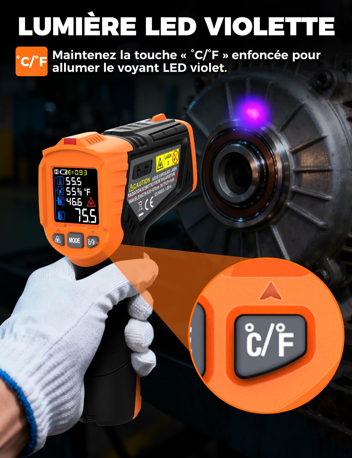 4 en 1 Thermomètre infrarouge professionnel POROMETISTO, 4 réglages d'alarme de qualité industrielle, -50 °C à 800 °C pyromètre laser thermometre infrarouge numérique avec sonde K et écran LCD couleur