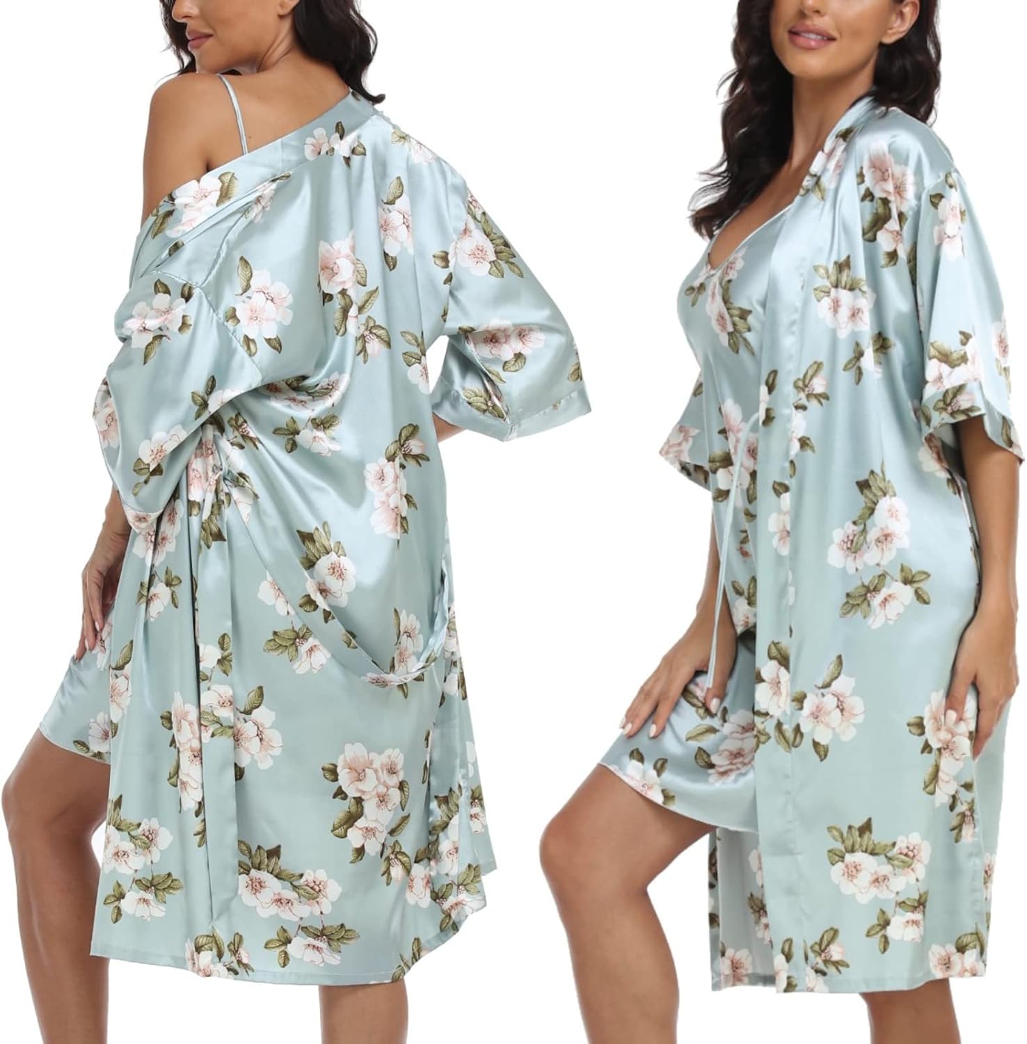 1stmall Women's Satin Robe Sets 2 Piece Nightgown Silk Pajama Sexy Floral Lingerie Lace Cami Sleepwear Night Robes - Image 2
