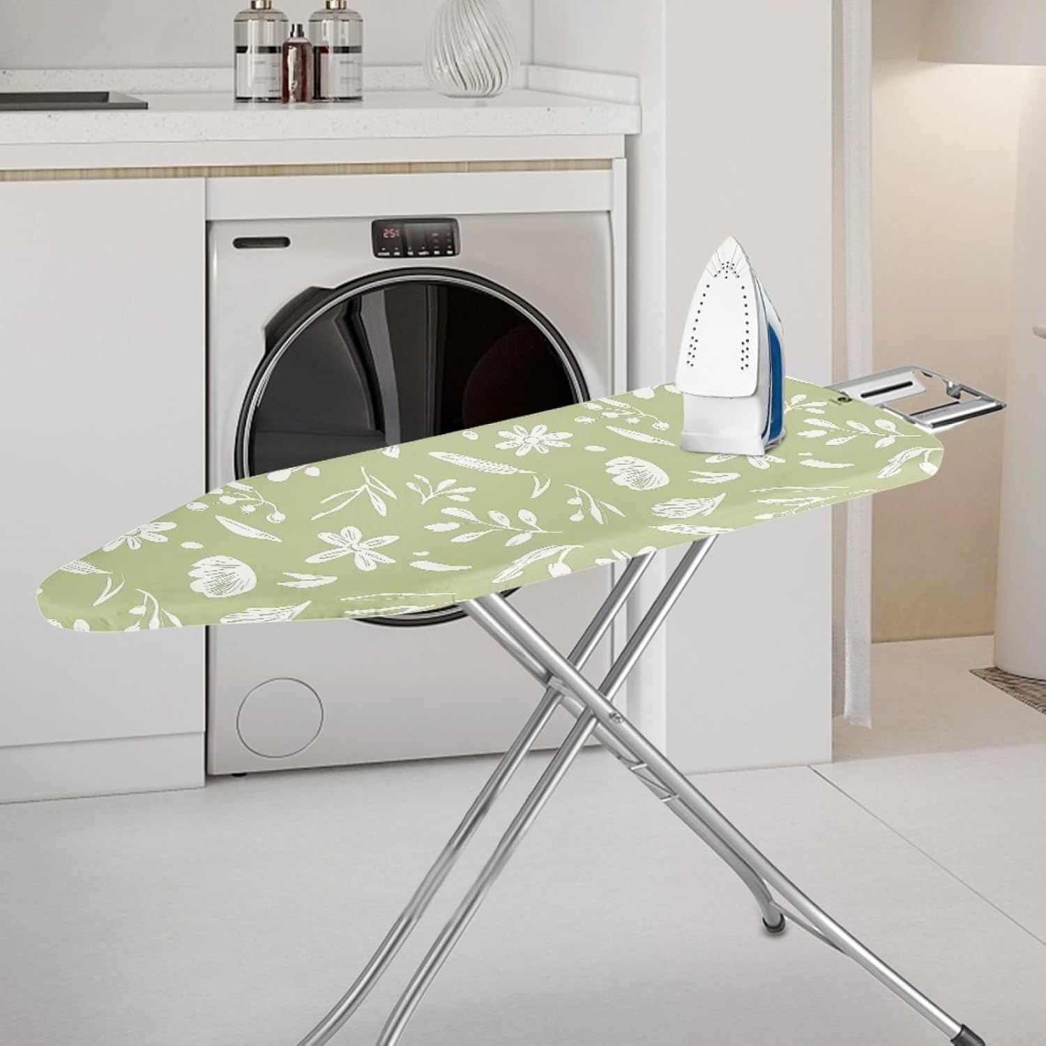 Large Ironing Board Cover and Pad 59x19 Light Blue White Flowers Iron Table Cover with Padding,Extra Wide,Resist Scorching and Staining,Heatproof,Adjustable Fastener Durable Stain