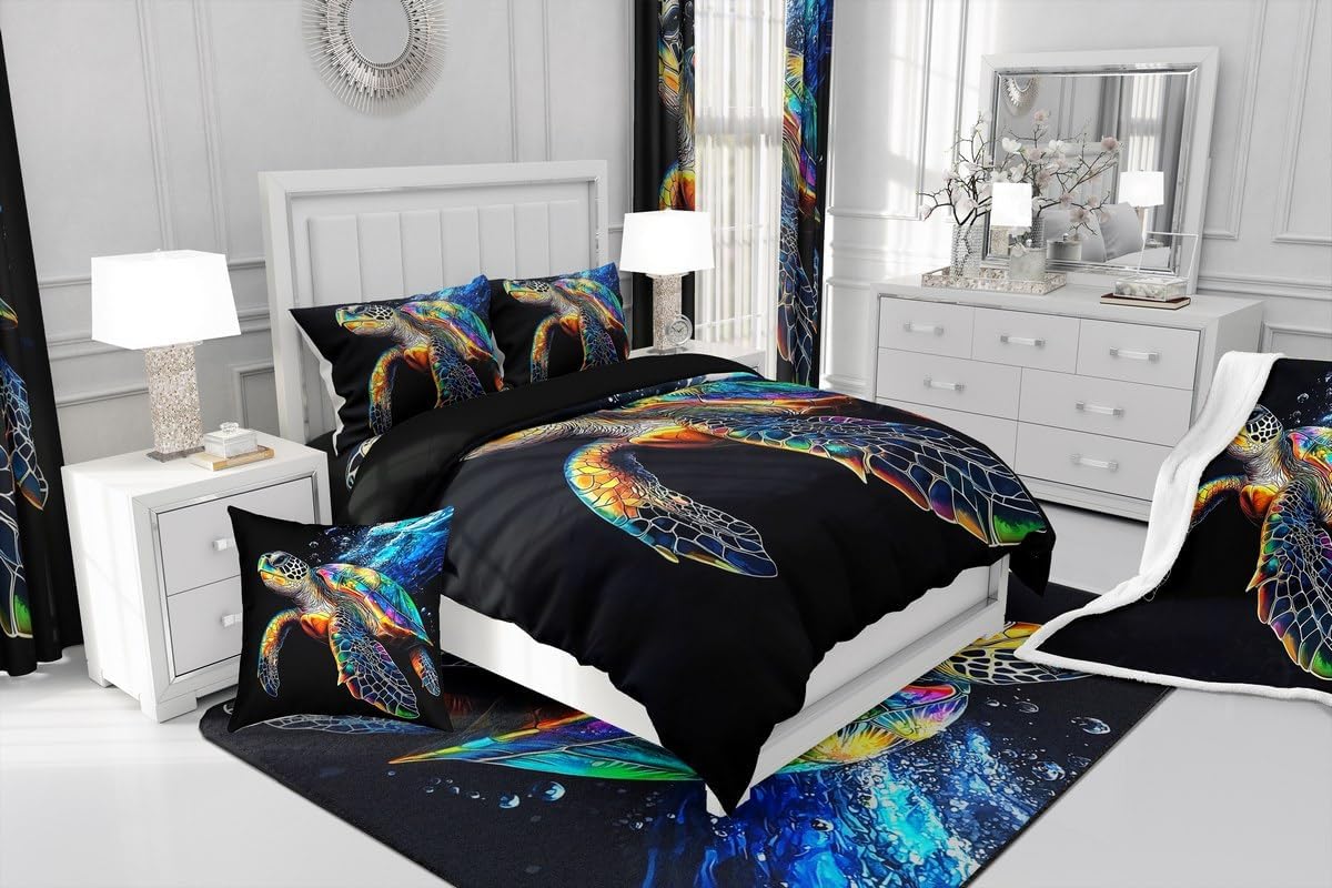 jejeloiu Sea Turtle Bedding Set Toddler Size Comforter Cover Set for Boys Girls Teens Ocean Duvet Cover Reptile Tortoise Bedspread Cover Room Decor Carbon Black Quilt Cover,No Comforter