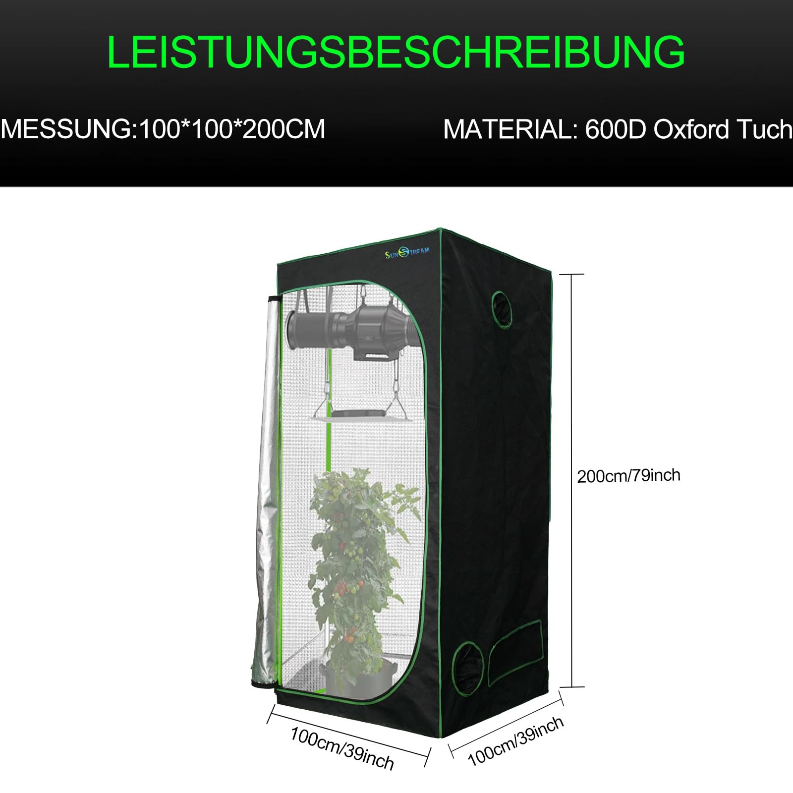 SunStream Tienda de cultivo verde 100 x 100 x 200 cm, para interior, resistente a la luz y al agua, armario de cultivo con ventana de observación de Mylar resistente al agua y bandeja inferior para