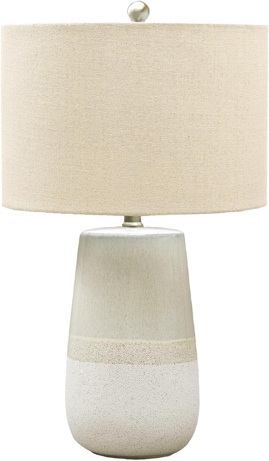 Pemberly Row Contemporary Ceramic Table Lamp, Beige and White Finish, 26.5" H, Fabric Drum Shade, 3-Way Switch, Transitional Coastal Chic Design for Living Room or Bedroom