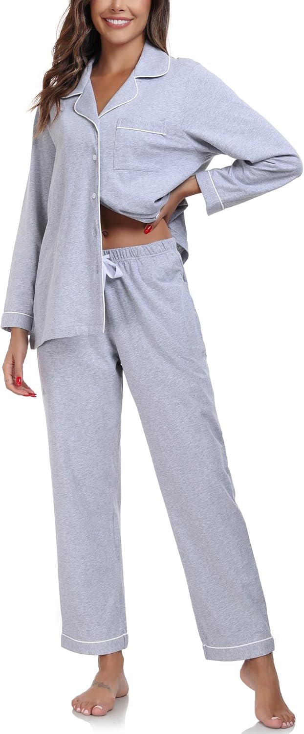 CF Womens 100% Cotton Pajama Sets Long Sleeve Fall Pajamas Soft Button Down 2 Piece Lounge Sets Sleepwear with Pockets S-XXL - Image 2