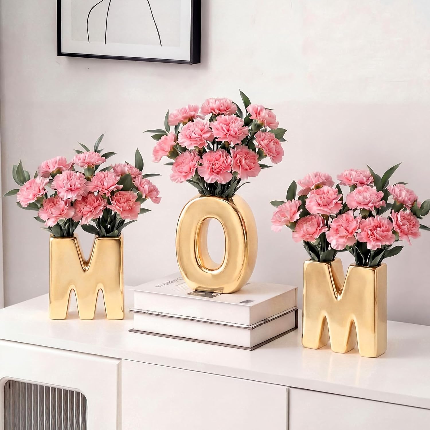 3 Pcs Mother's Day Gold Mom Letter Vase 6" Ceramic Table Centerpiece Gold Words Small Flower Vase Alphabet Decorations Gift for Home Bookshelf, Bedroom, Party