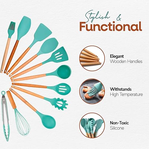 Miniatura 4 de Juego de cocina de silicona, juego de 12 utensilios de cocina, mango de madera, almacenamiento de cubos, resistencia a altas temperaturas, sin