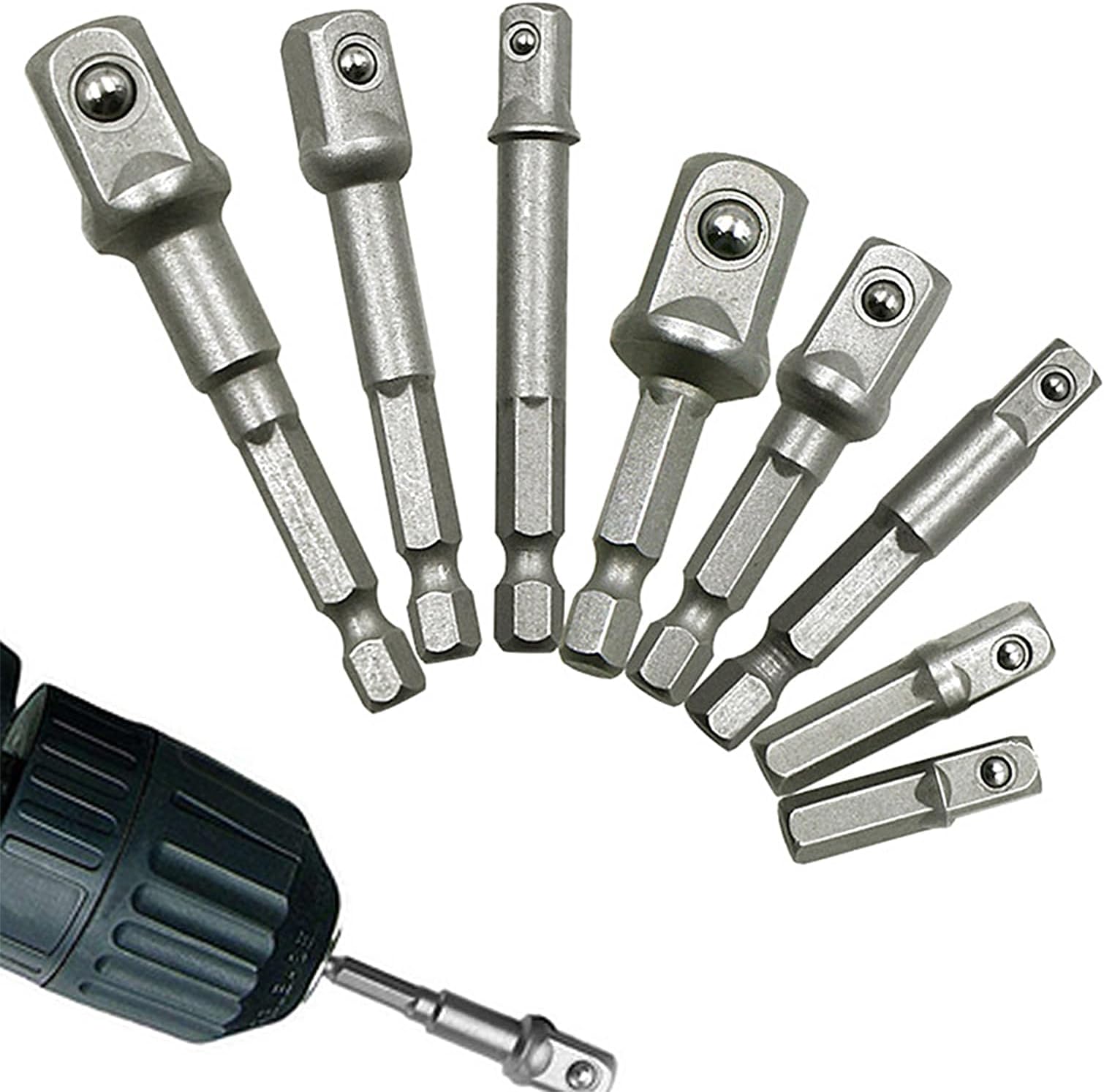 Beauenty 8PCS Drill Adapters Set, 1/4 Inch Hex Shank to 1/4 Square Socket Drives, 1/4 to 3/8 Socket Adapter, 1/4 to 1/2 Impact Adapter, Drill Impact Socket Extension Bit Adapter Set (color 1)