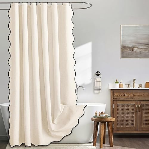 Miniatura 7 de MIULEE - Cortina de baño extralarga de 84 pulgadas con borde festoneado, textura de lino, 12 ganchos metálicos, resistente, lavable e impermeable