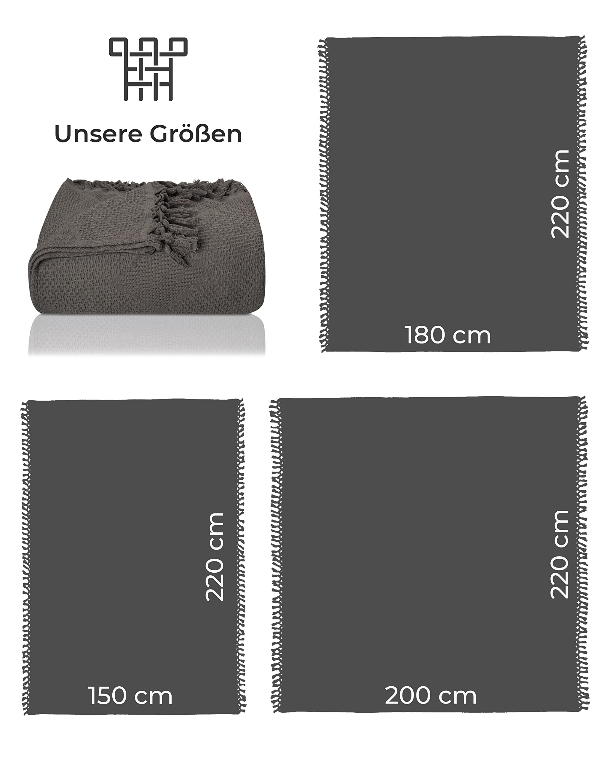 LAYNENBURG Premium Tagesdecke mit handgeknüpften Fransen - 100% Baumwolle - 200 x 220 cm XXL - Waffelpique Sommerdecke - Baumwolldecke als Bett-Überwurf, Couch-Überwurf & Sofa-Decke (Anthrazit)
