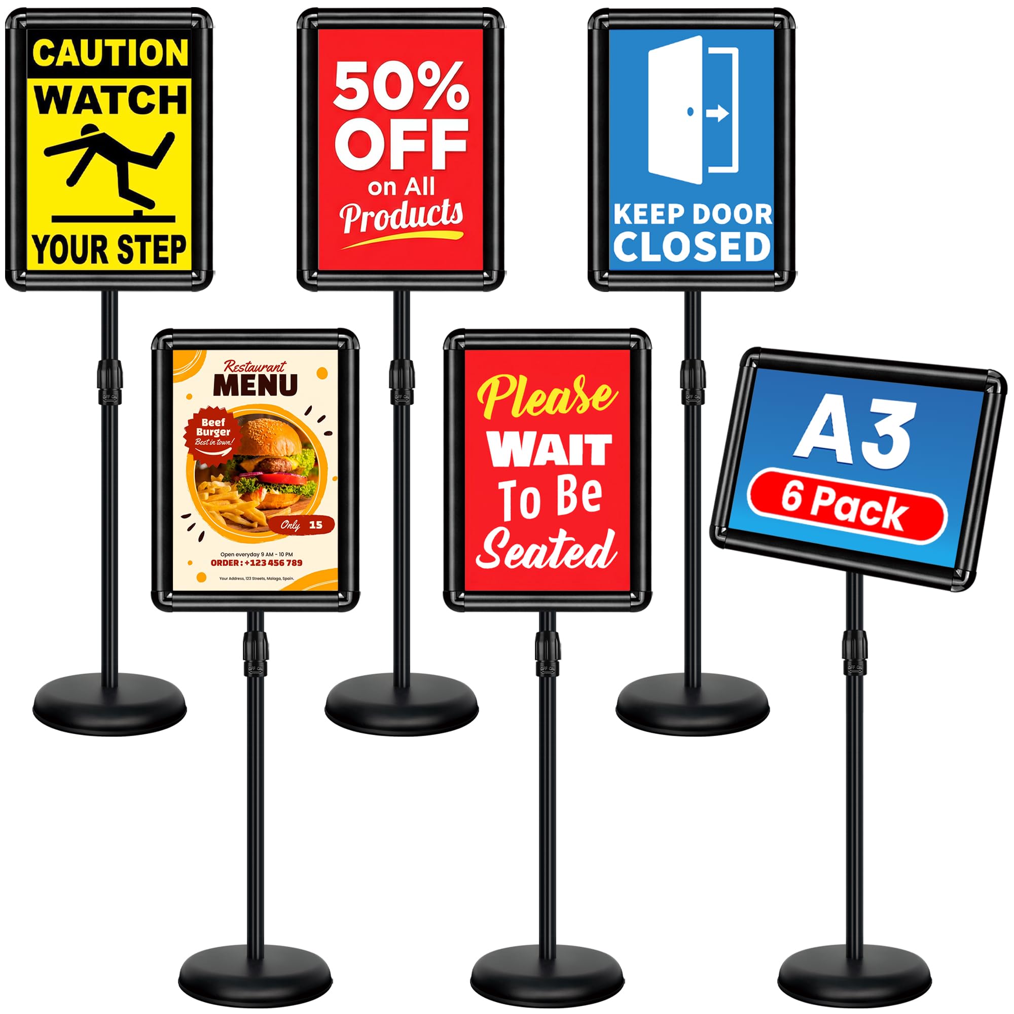 VAIIGO 6Pack A3 Sign Stand, Poster Display Stand Adjustable, Aluminum Sign Holder Menu Floor Standing with Snap-Open Frame & Stable Base, Advertising Signage Display Board for Business Office, Black โ image 1