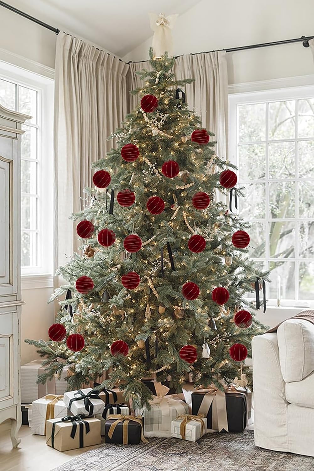 Briful 4'' Velvet Flocked Christmas Ball Ornaments – 9 pcs Burgundy Xmas Balls Baubles, Mix of Painted & Gold-Edge Solid Shades – Shatterproof Velvet Ornaments for Christmas Tree & Holiday Decor - Image 2