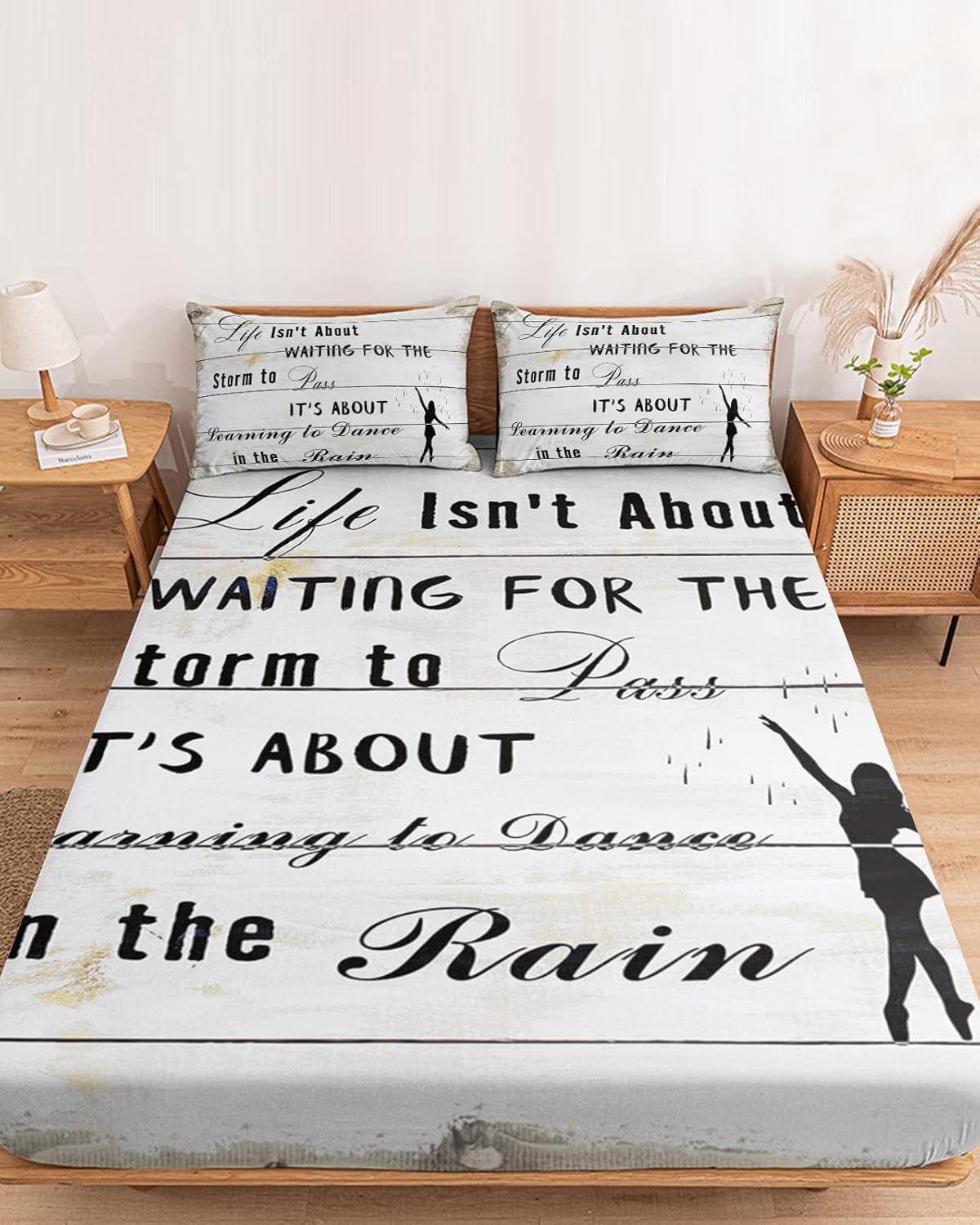 Twin XL Fitted Bed Sheet Set Shabby Chic Wooden Grain with Motivational Words Bedsheet & Pillowcase Sets-1 Deep Pocket Elastic Bedspread for 16In Mattress with 1 Decorative Pillowcase Black