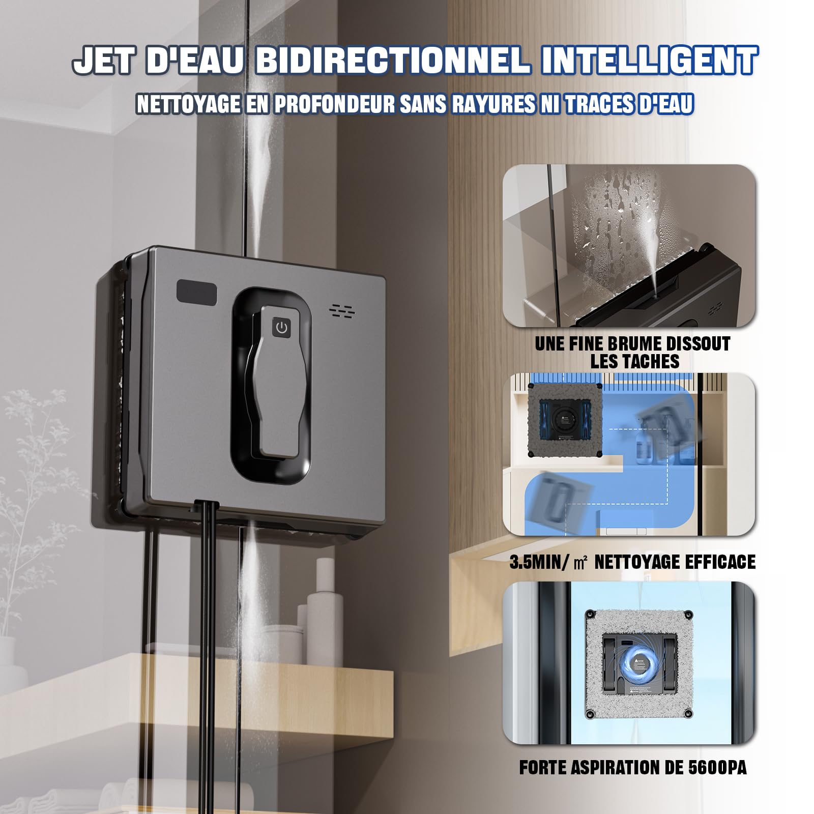 Robot limpiador de cristal inteligente con doble pulverización con 3 modos de trayectoria (Z/N, Z, N), robot de lavado de cristal automático con mando a distancia, navegación inteligente