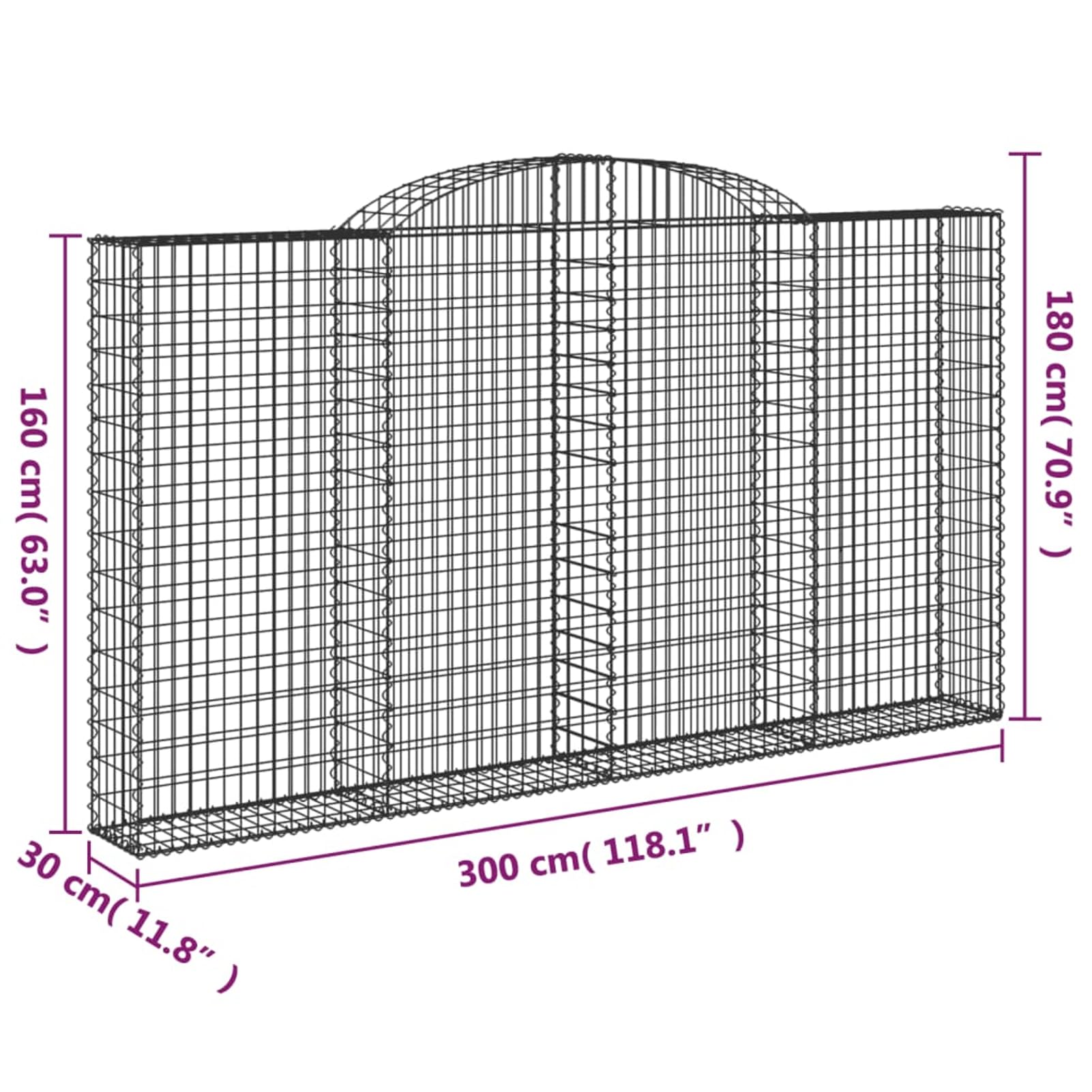 Gecheer Gabione mit Hochbogen 300x30x160/180 cm Verzinktes Eisen, Gabionenkörbe Gabionenwand Steinkorb Gabione Mauer für Garten Sichtschutz Gartenbegrenzung Terrasse153508