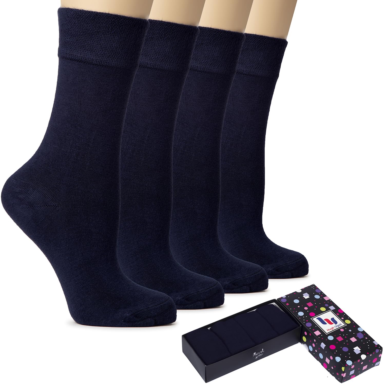 HUGH UGOLI Women's Bamboo Crew Socks for Dress, Busines,Trouser, Thin, Seamless Toe,4 Pairs in Gift Box, Shoe Size 5-8 8-11