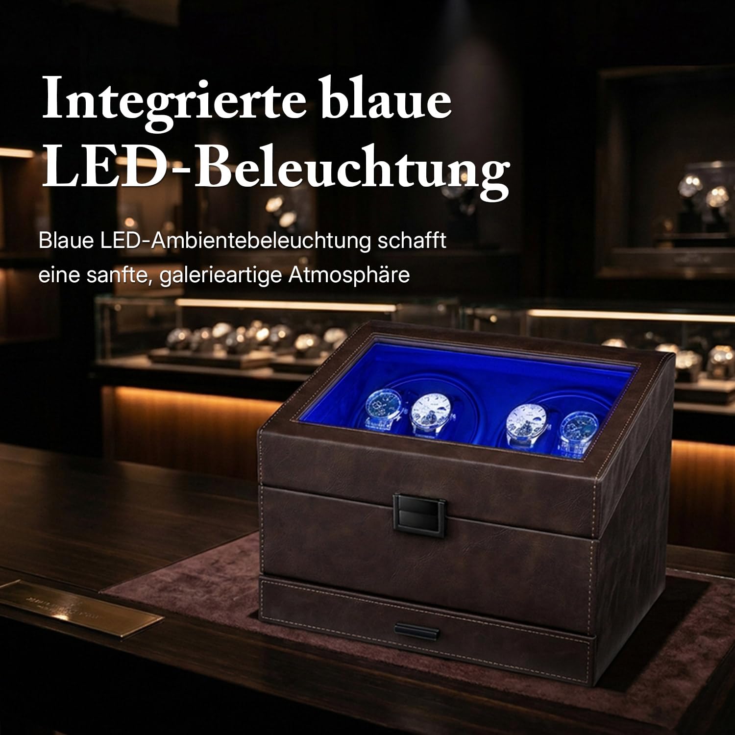 Mcbazel Automatik Uhrenbeweger für 4 Uhren, Leiser Uhrendreher mit 6 Speicherplätzeaus PU Leder mit LED Beleuchtung, Automatikuhren Box mit Schmuckaufbewahrung (Braun)