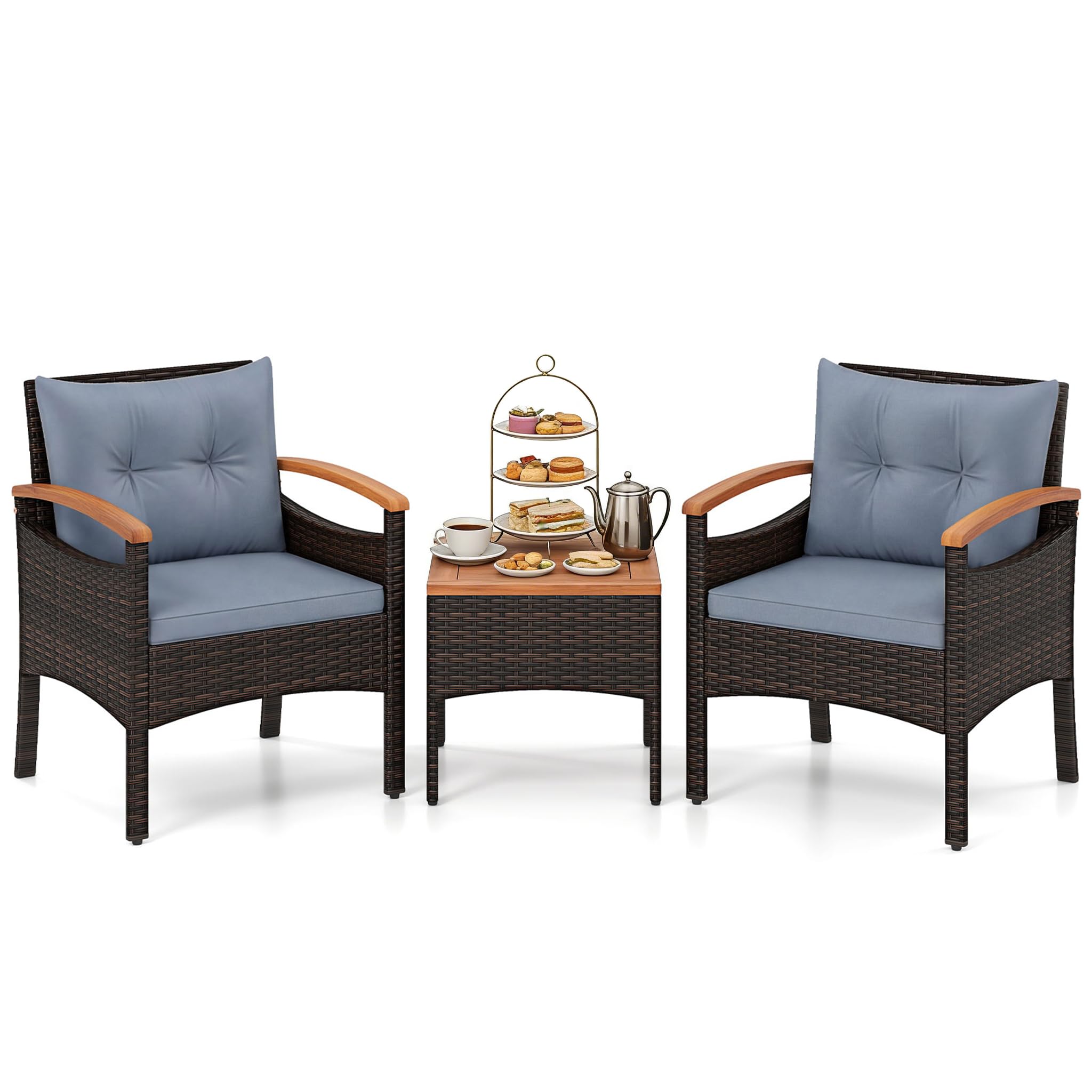GIANTEX Set di Mobili a 3 Pezzi, Set da Bistrot in Rattan per Esterni con Tavolino, Cuscini Morbidi, Set da Conversazione in Legno d'Acacia per Patio, Cortile, Bordo Piscina (Grigio)