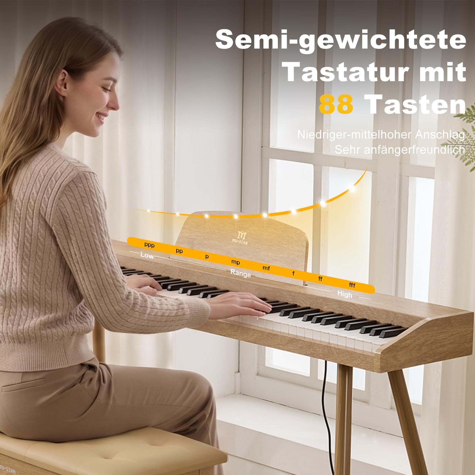 MUSTAR Piano digital de 88 teclas con sistema de 3 pedales para